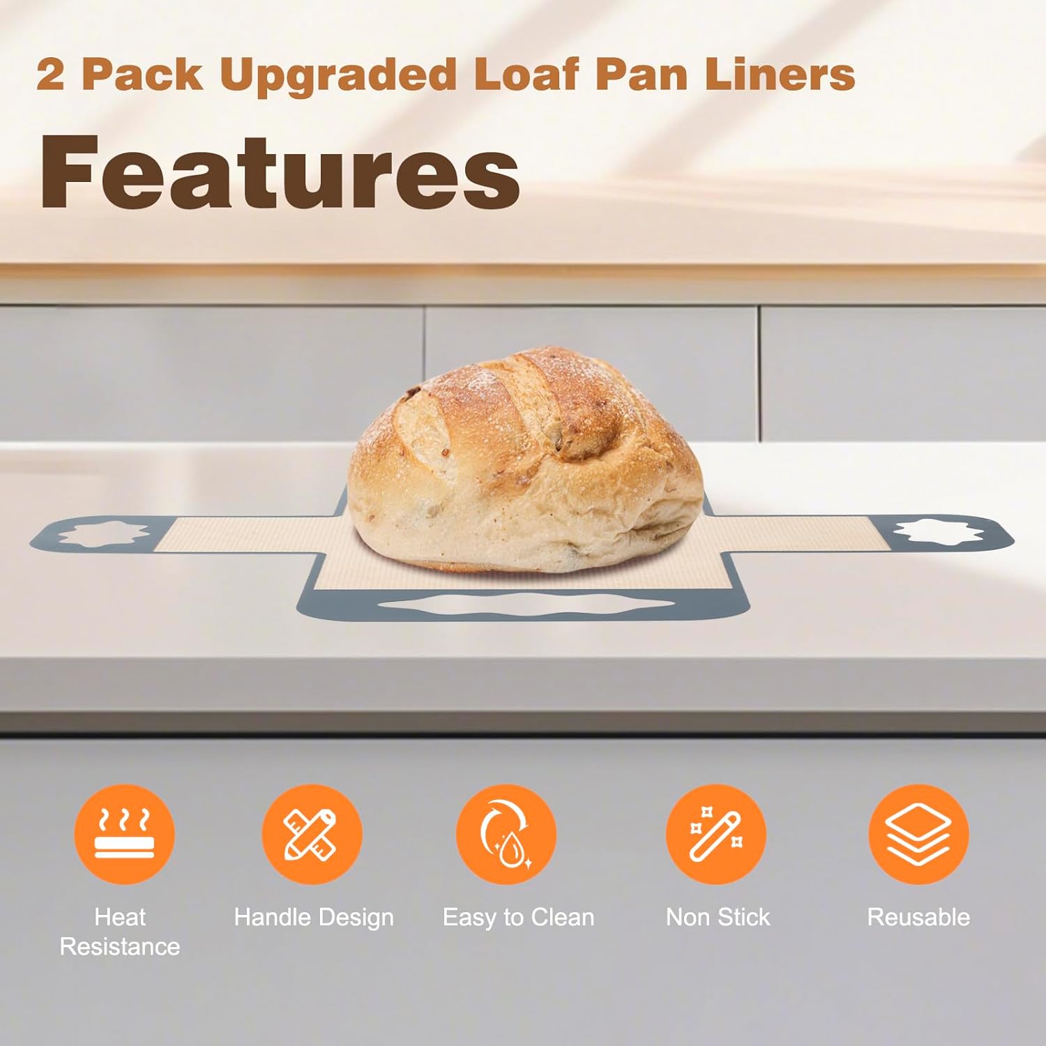 2 Pcs Silicone Bread Loaf Pan Liners, Reusable Food-Grade Silicone Bread Baking Mat, Non-Stick & Heat Resistant Loaf Pan Lifters, Sourdough Sling with 4 Handles, Fits 9x5" or 1.5Lb Loaf Pans
