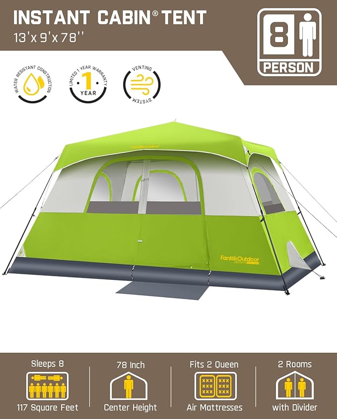 FanttikOutdoor Camping Tent 4/6/8/10 Person Instant Cabin Tent Setup in 60 Seconds with Rainfly & Windproof Portable with Carry Bag for Family Camping & Hiking