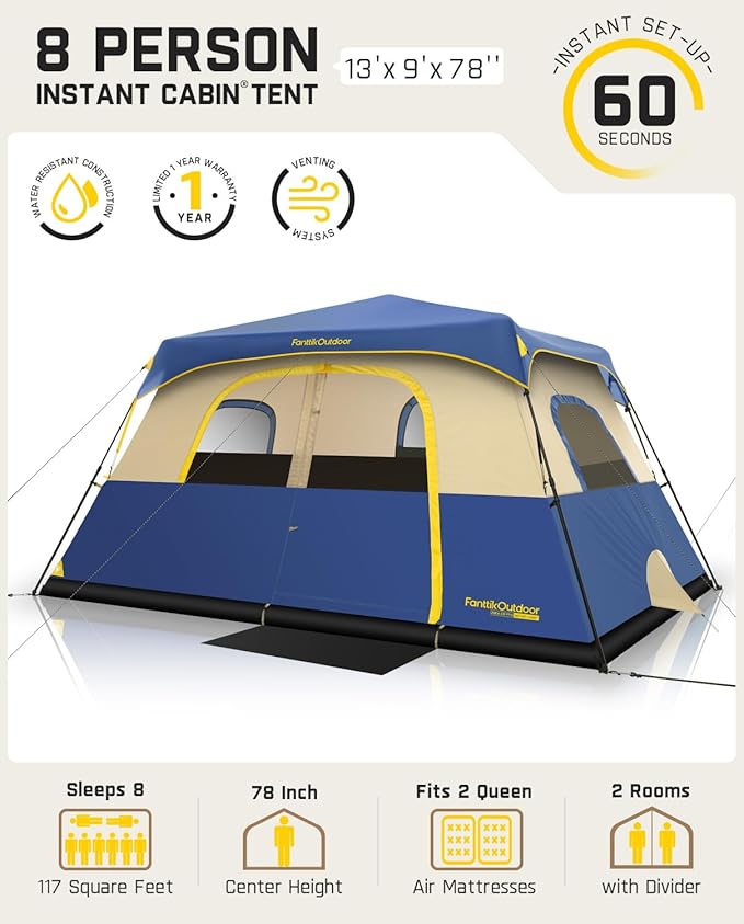 FanttikOutdoor Camping Tent 4/6/8/10 Person Instant Cabin Tent Setup in 60 Seconds with Rainfly & Windproof Portable with Carry Bag for Family Camping & Hiking, Upgraded Ventilation