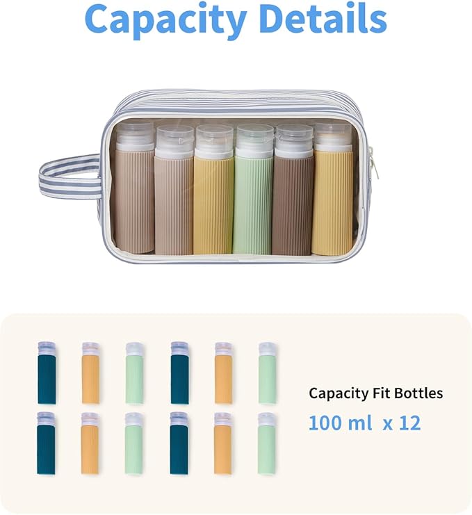 Narwey Striped Clear Makeup Bag Cosmetic Bag with Zipper for Travel, Clear Toiletry Bags for Traveling Toiletries Women Men, Make Up Pouch with Handle, Skincare Bag (Greyish Blue Stripe)