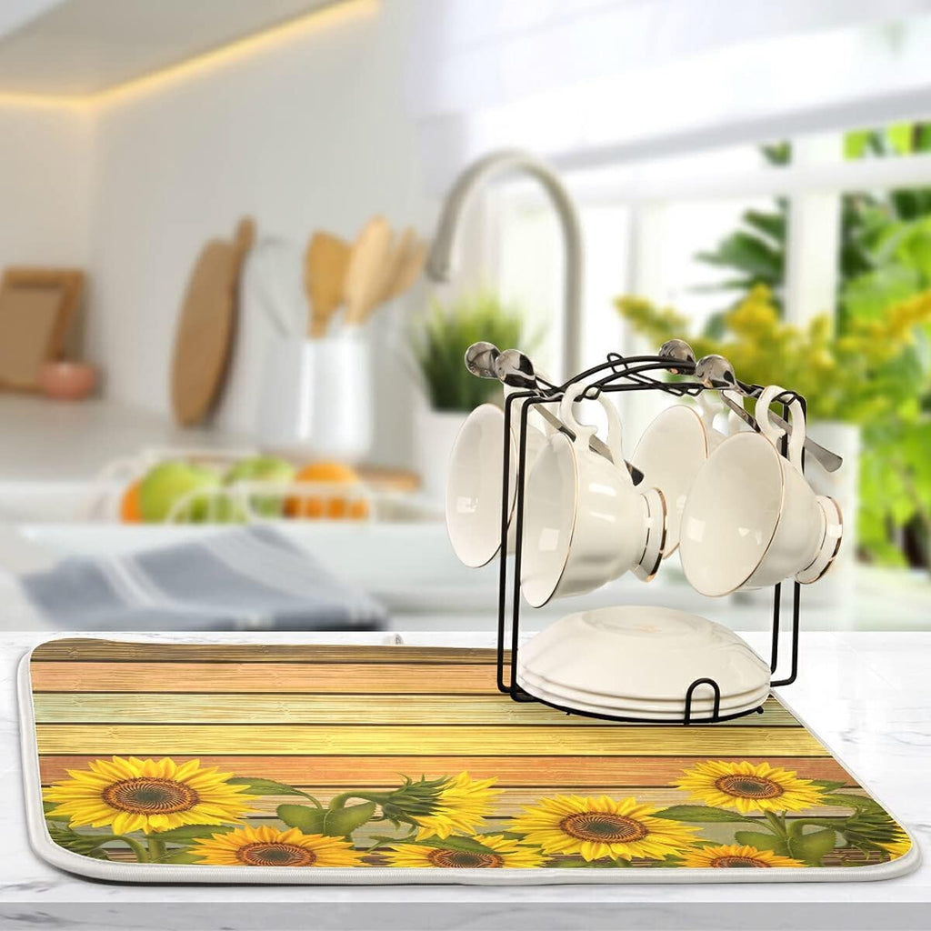 Super Absorbent Dish Drying Mat, Microfiber Fast-Drying Dish Mat, 24" x 18", Kitchen Dish Drying Pad, Sunflower On Wooden Board Vintage