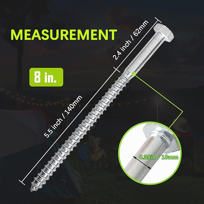 6pcs 3/8 x 8 and 6pcs 3/8 x 12 Heavy Duty Camping Ground Anchors, Non-Rust Tent Stakes Screw in Kit for Securing Animals, Trampoline, Carports, Canopies, Sheds, Swing Sets for High Winds