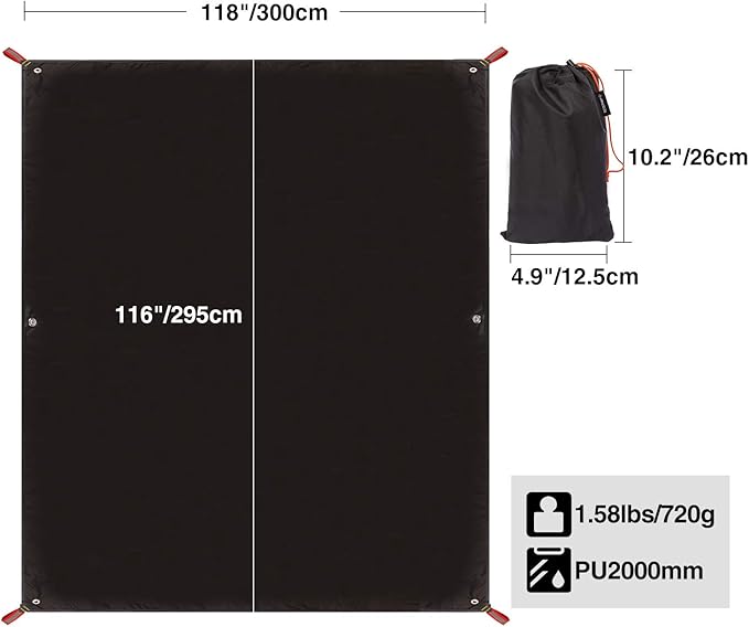 REDCAMP Ultralight Tent Footprint, PU 2000 Waterproof Camping Tent Tarp with Drawstring Carrying Bag for Ground Camping Hiking (118"x116" UL Black)