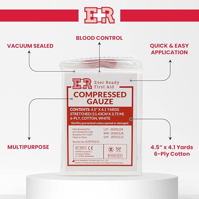Ever Ready First Aid Compressed Sterile Gauze, 6-Ply Emergency Medical Dressing for First Aid Kits – 4.5” x 4.1 Yards - 1 Pack