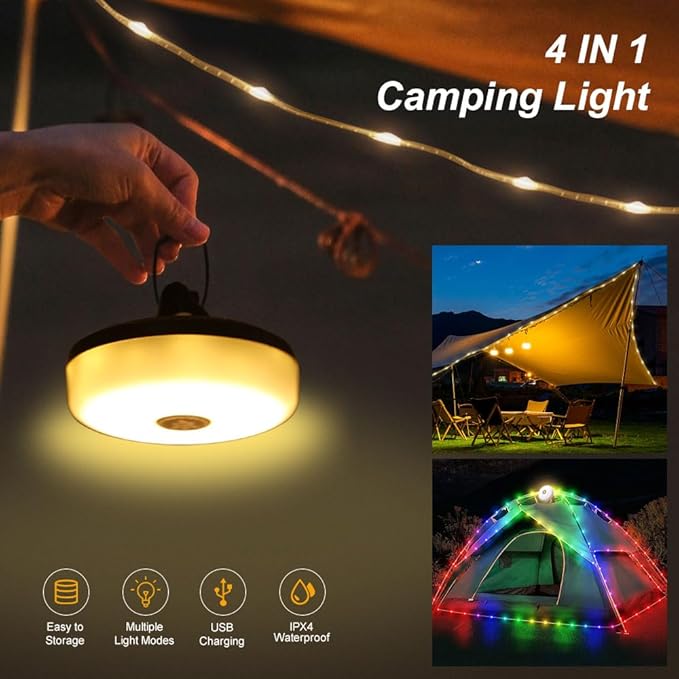 2 Pack Camping String Lights - 4 in 1 Outdoor Lights with 8 Lighting Modes, USB Charge & Battery Indicator, Durable & Waterproof for Camping Yard Hiking, Portable & Easy-to-Store (32.8ft)