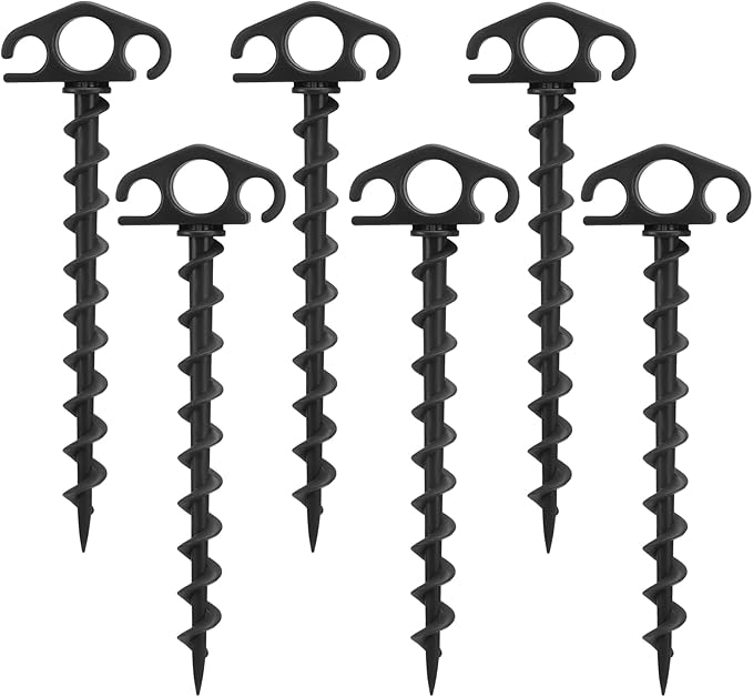 Tent Stakes Sand Stakes for Beach Tent 6 Pack Spiral Anchor Stakes 9.4 Inch Heavy Duty Screw Canopy Stakes for Camping, Hiking and More (6, Black)