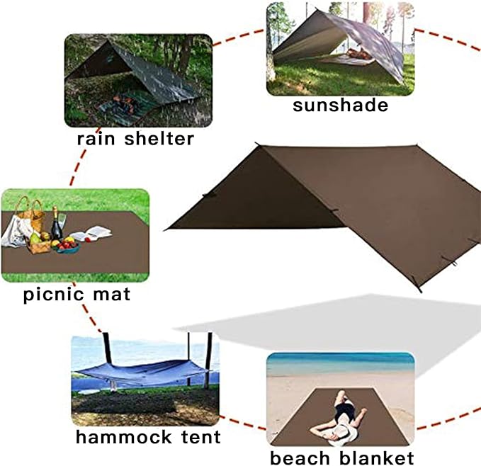 KALINCO Camping Tarp Waterproof, 10X12FT Hammock Rain Fly Tarp Tent, Multifunctional Tent Footprint, Lightweight and Compact for Backpacking, Hiking (Coffee-10X12FT)