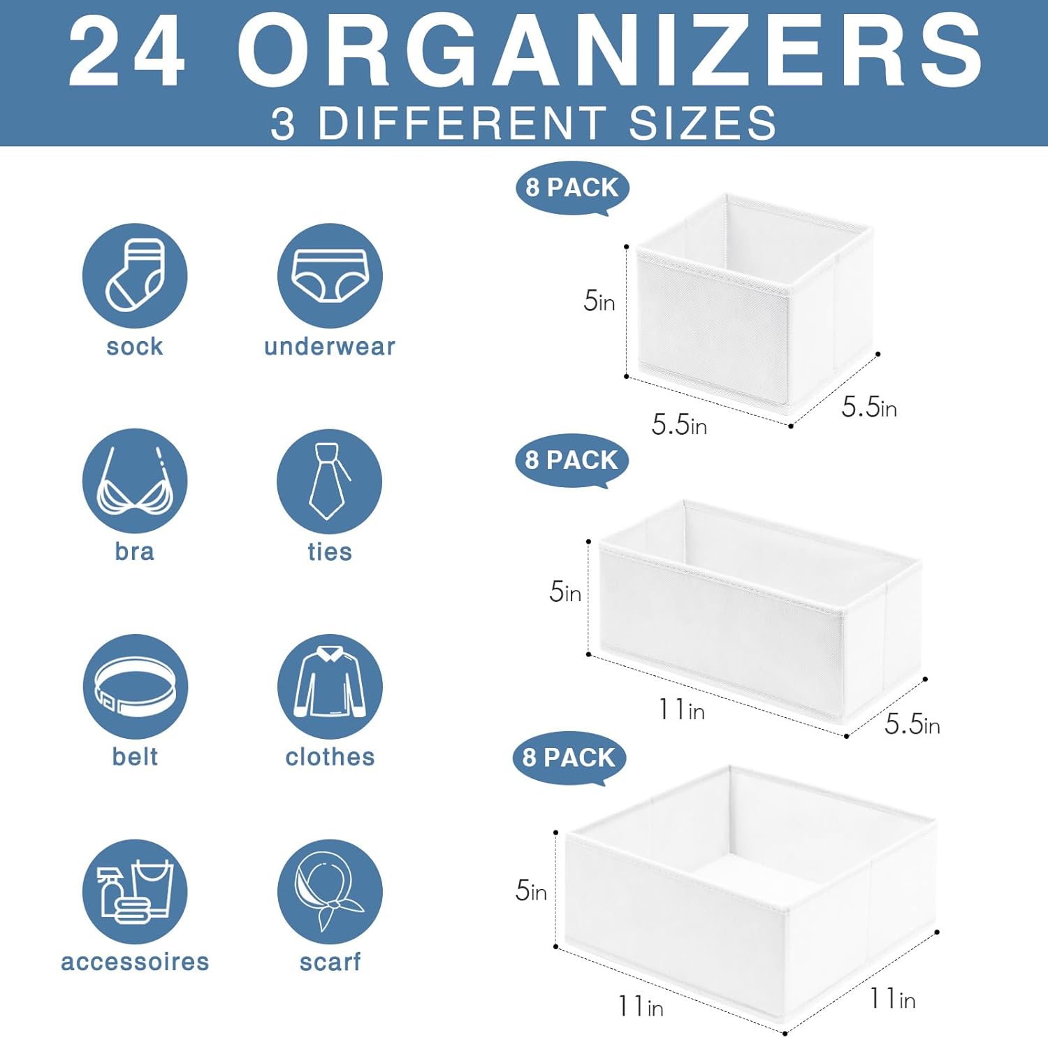 Criusia Drawer Organizer Clothes, 24 Pack Dresser Organizer Bins for Nursery Bedroom, Closet Organization and Storage Dividers for Clothing, Baby Clothes, Underwears, Socks (White)