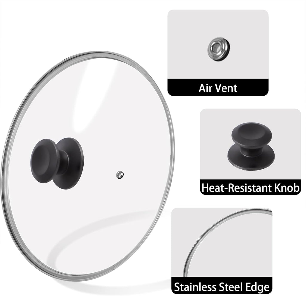12 inch Tempered Glass Lid for Pots, Frying Pans and Skillets, Replacement Cover with Heat Resistant Black Knob Handle, Dishwasher Safe