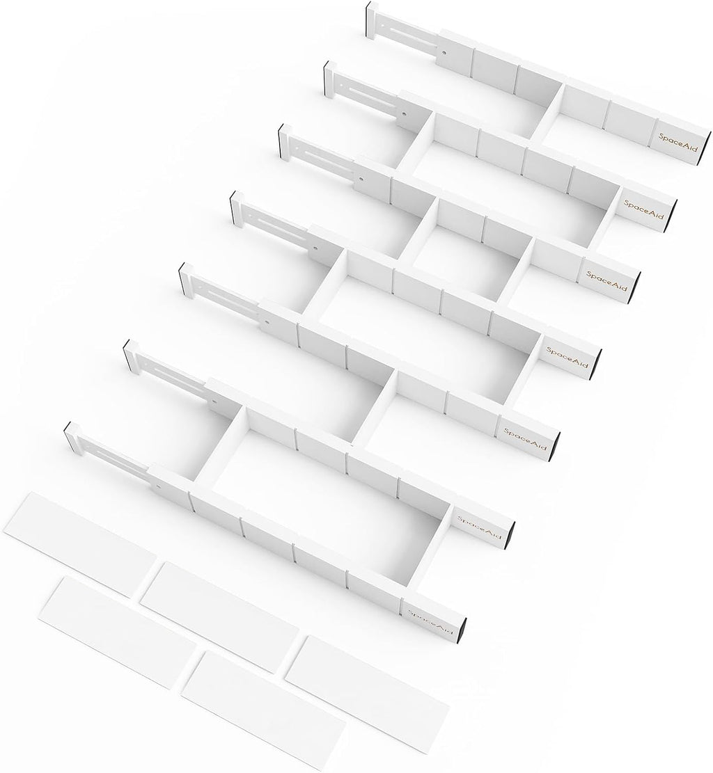 SpaceAid Bamboo Drawer Dividers with Inserts and Labels, Kitchen Adjustable Drawer Organizers, Expandable Organization for Home, Office, Dressers, 7 Dividers with 15 Inserts (17"-22" White)