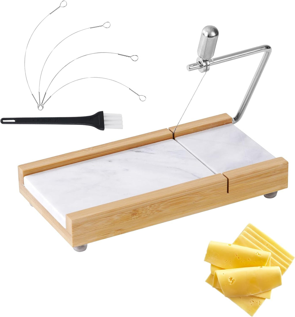 Tianman Cheese Slicer Cheese Cutter with 4 Replacement Cutting Wire,Heavy Duty 8.27"x 4.4",Marble Board Cheese Slicer for Block Cheeses, Butter,Cakes and More(White Grey)