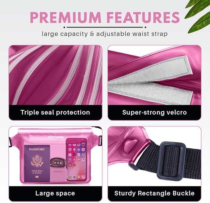 2-Pack Waterproof Fanny Pack, Phone Pouch with Waist Strap, 9x6.7 Inch Dry Bag for Phone, Cash, and Valuables – for Swimming, Kayaking, Boating, Snorkeling, and Water Sports (2, Pink + Grey)