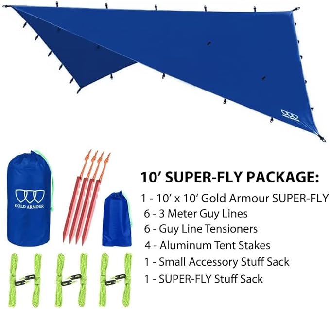 Gold Armour Rainfly Tarp Hammock, Premium 14.7ft/12ft/10ft/8ft Rain Fly Cover, Waterproof Ultralight Camping Shelter Canopy, Survival Equipment Gear Camping Tent Accessories (Blue 10ft x 10ft)