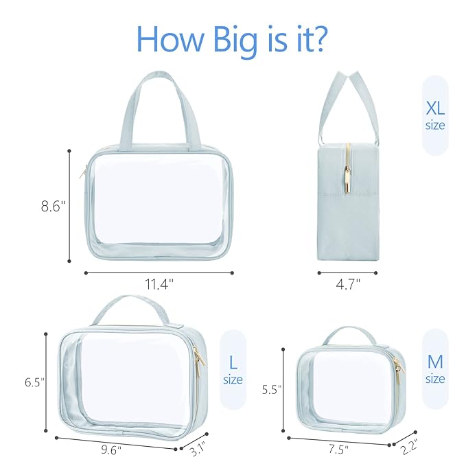 PACKISM Clear Toiletry Bags - 3 Pack Makeup Bags with Handle, Large Opening, Waterproof Cosmetic Bags for Travel Essentials, Grayish Blue