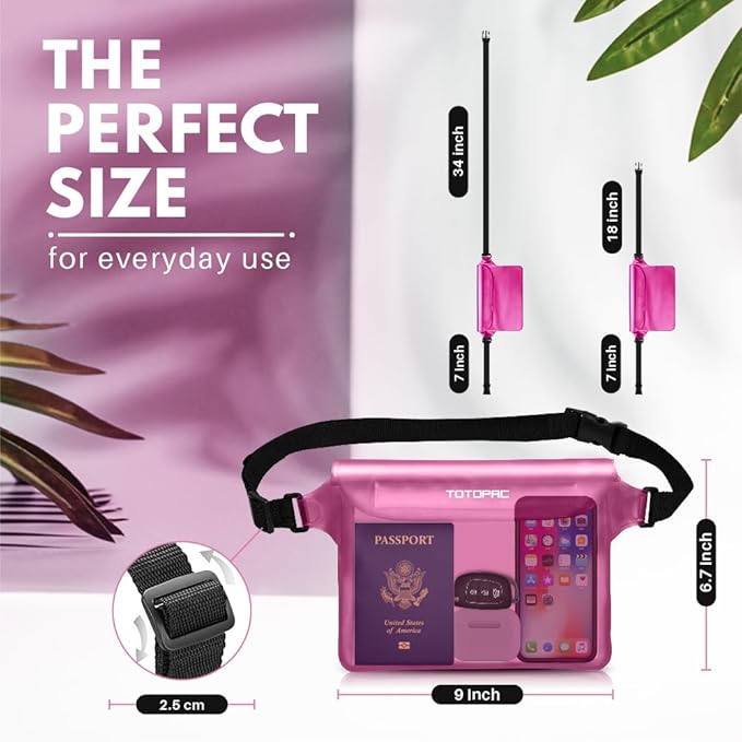 2-Pack Waterproof Fanny Pack, Phone Pouch with Waist Strap, 9x6.7 Inch Dry Bag for Phone, Cash, and Valuables – for Swimming, Kayaking, Boating, Snorkeling, and Water Sports (2, Pink + Grey)