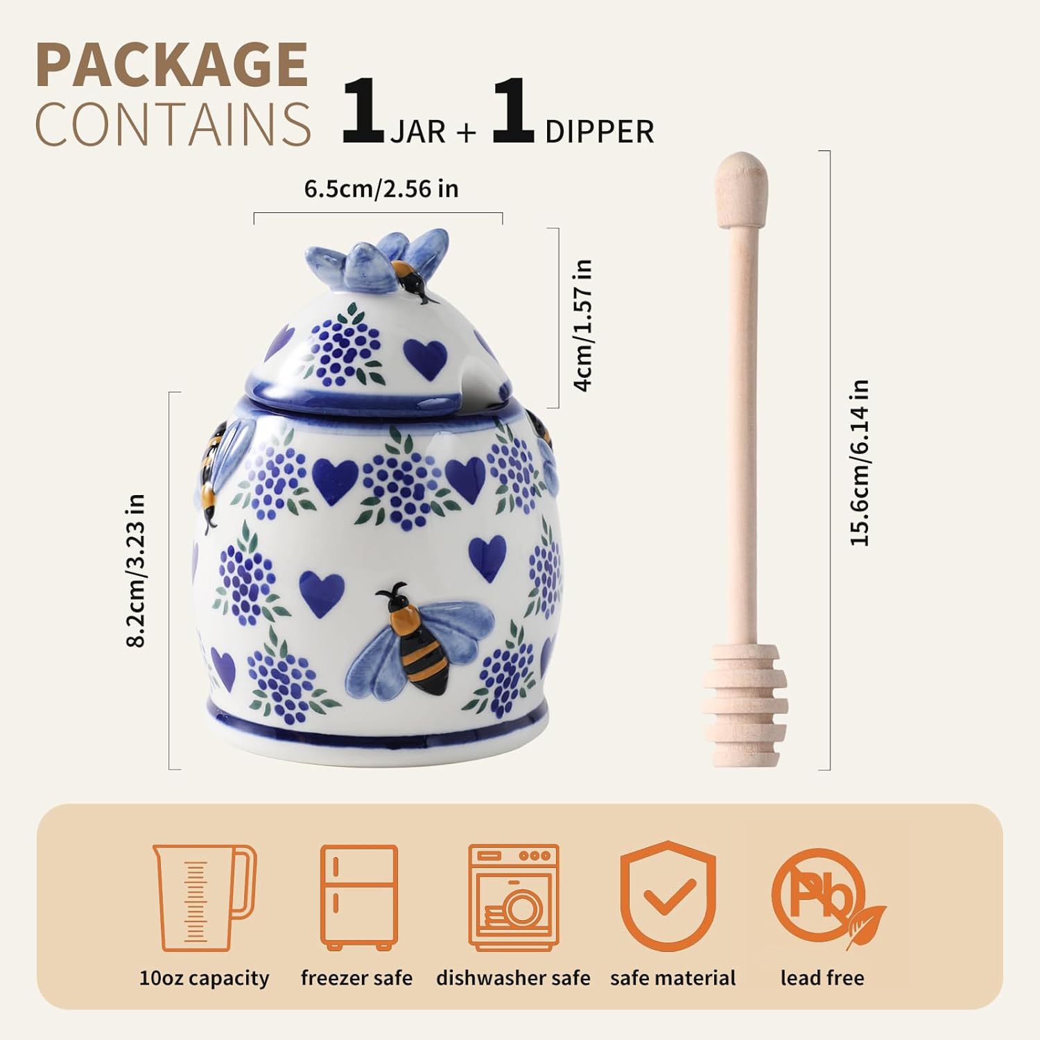 ZOOBEE Ceramic Honey Pots with Dipper and Lid Farmhouse Style,10oz Honey Dispenser No Drip,Handpainted Honey Jars with Bees,Easily Wash-Deep Love