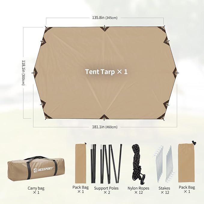 Bessport Camping Tarp, 16×9.8FT with 2 Poles, Portable Multifunctional Backpacking, PU 3000mm Waterproof Rain Fly Hammock Tarp for Outdoor,Traveling, Hilking