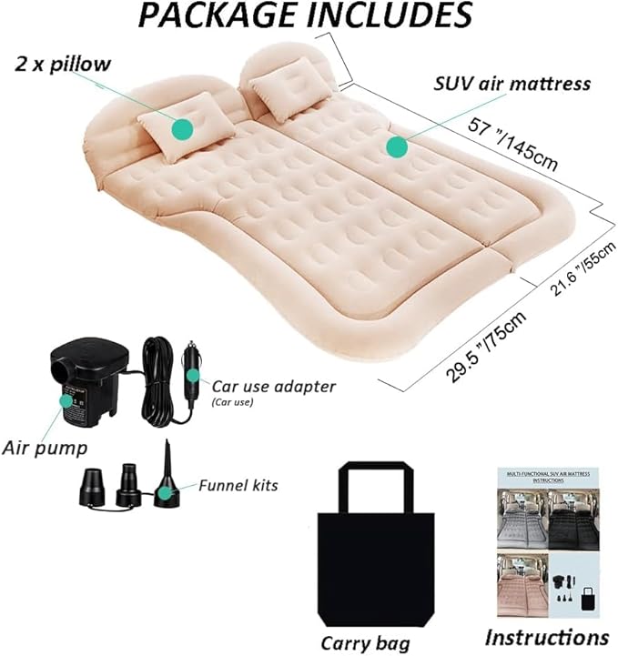 SAYGOGO SUV Air Mattress Camping Bed Cushion Pillow - Inflatable Thickened Car Air Bed Mattress with Air Pump Portable Sleeping Pad for Home Car Travel Camping Upgraded Version - Beige1