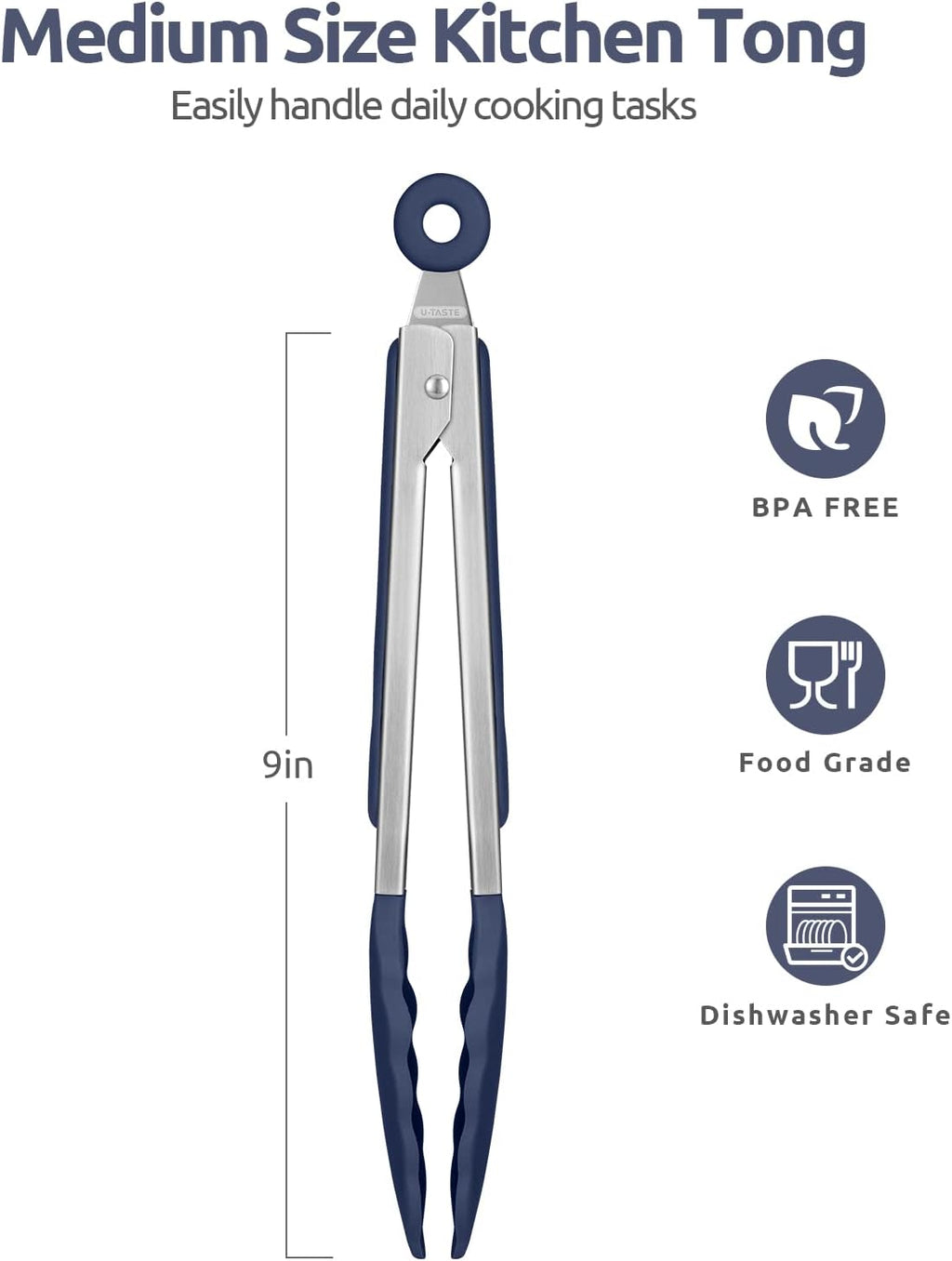 Heat Resistant Silicone Kitchen Tong: U-Taste 9 inch 480ºF Hot Proof Cooking Tong with Firm Sealed Non Stick Rubber Tips & Silicon Coated Steel Handle & Smooth Locking for Serving Grill(Midnight Blue)