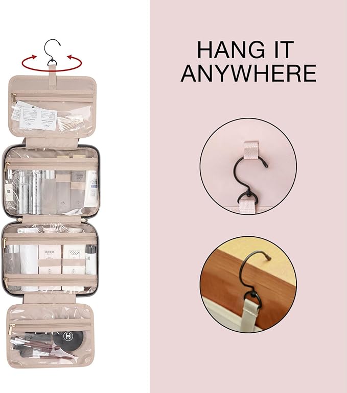 BAGSMART Toiletry Bag Travel Bag with Hanging Hook, Water-resistant Makeup Cosmetic Bag Travel Organizer for Accessories, Shampoo, Full Sized Container, Toiletries (Medium-Grey)