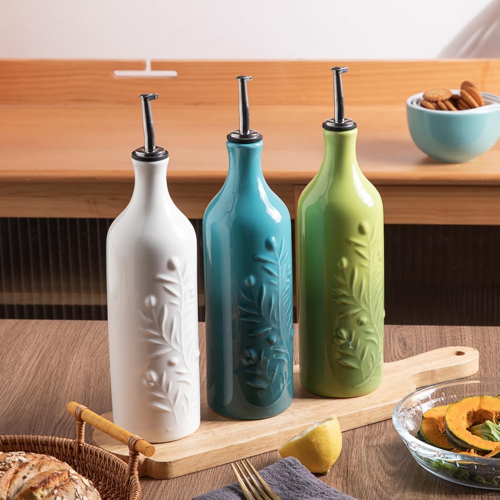 Sweejar Large Olive Oil Dispenser Bottle with Spout, 24 Oz Ceramic Oil Dispenser for Kitchen, Relief Opaque Oil Cruet, Oil Container for Cooking, EVOO, Avocado Oil, Vinegar, Pack of 1 (White)