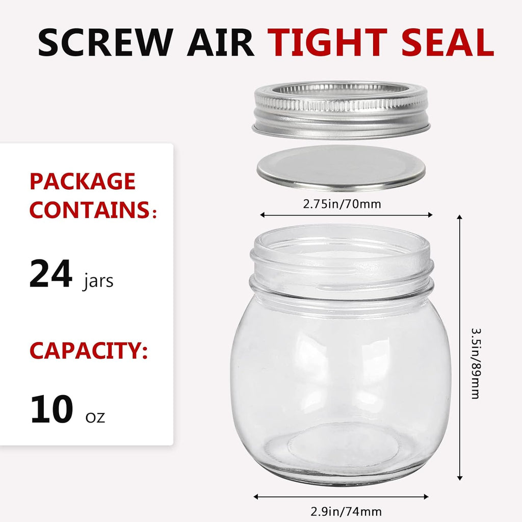 10 oz Mason Jars, 24 Pack 300ml Glass Canning Jars with Regular Mouth Lids, Glass Jars Storage Containers for Overnight Oats, Jam, Jelly, Honey, Beans, Spice, Wedding Party Favors, Shower Favors