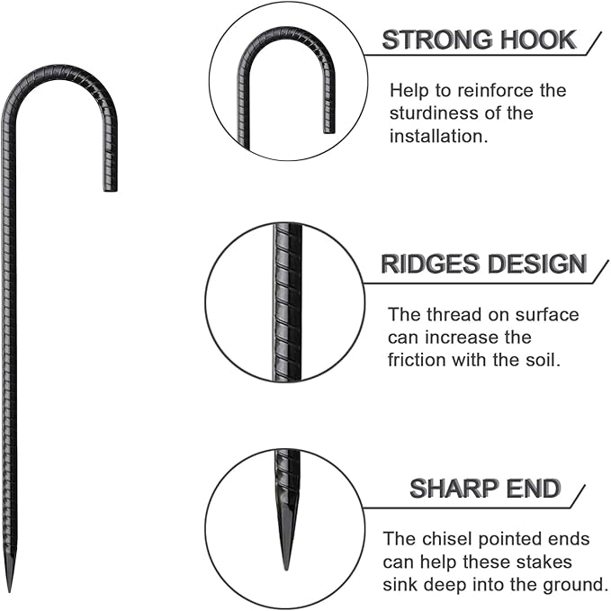 Rebar Stakes 12 Inch 6 Pack Tent Stakes Heavy Duty Metal J Hook, Fence Stakes for Trampoline, Fence, Camping Tent (6, J-12 x5/16 Black)