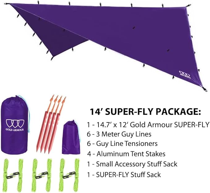 Gold Armour Rainfly Tarp Hammock, Premium 14.7ft/12ft/10ft/8ft Rain Fly Cover, Waterproof Ultralight Camping Shelter Canopy, Survival Equipment Gear Camping Tent Accessories (Purple 14.7ft x 12ft)