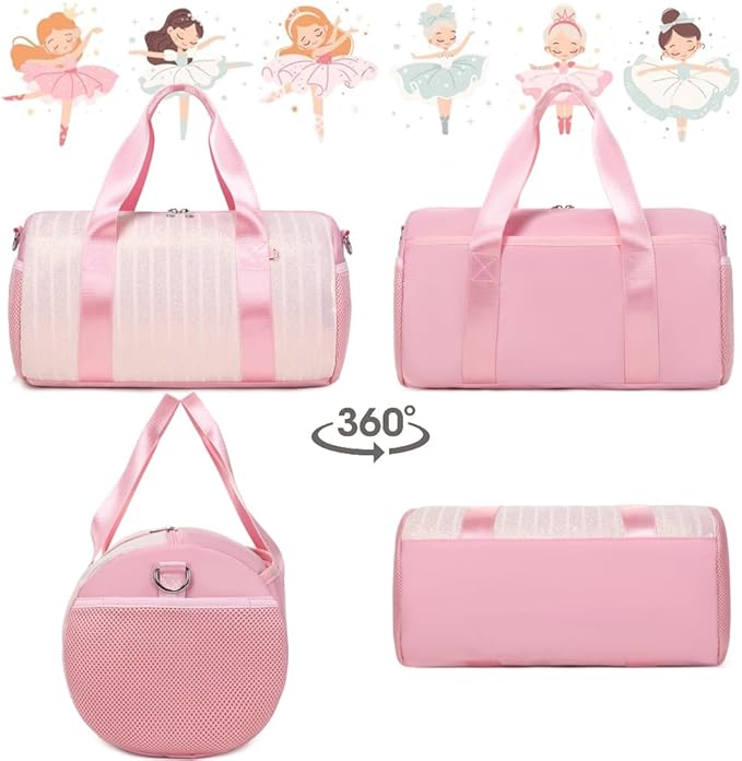 Dance Bag for Girls Dancers Ballet Bag Shiny Glitter Sports Gym Duffle for Little Girls Ballerina Duffel with Shoulder Strap and Furball Keychain