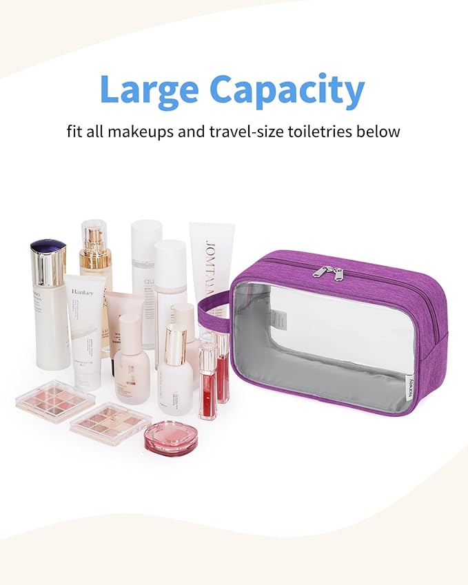 Narwey Clear Travel Toiletry Bags for Traveling Toiletries Men Women, Clear Makeup Bag Cosmetic Bag with Zipper, Make Up Pouch Organizer Bags with Handle, Skincare Bag (Purple)
