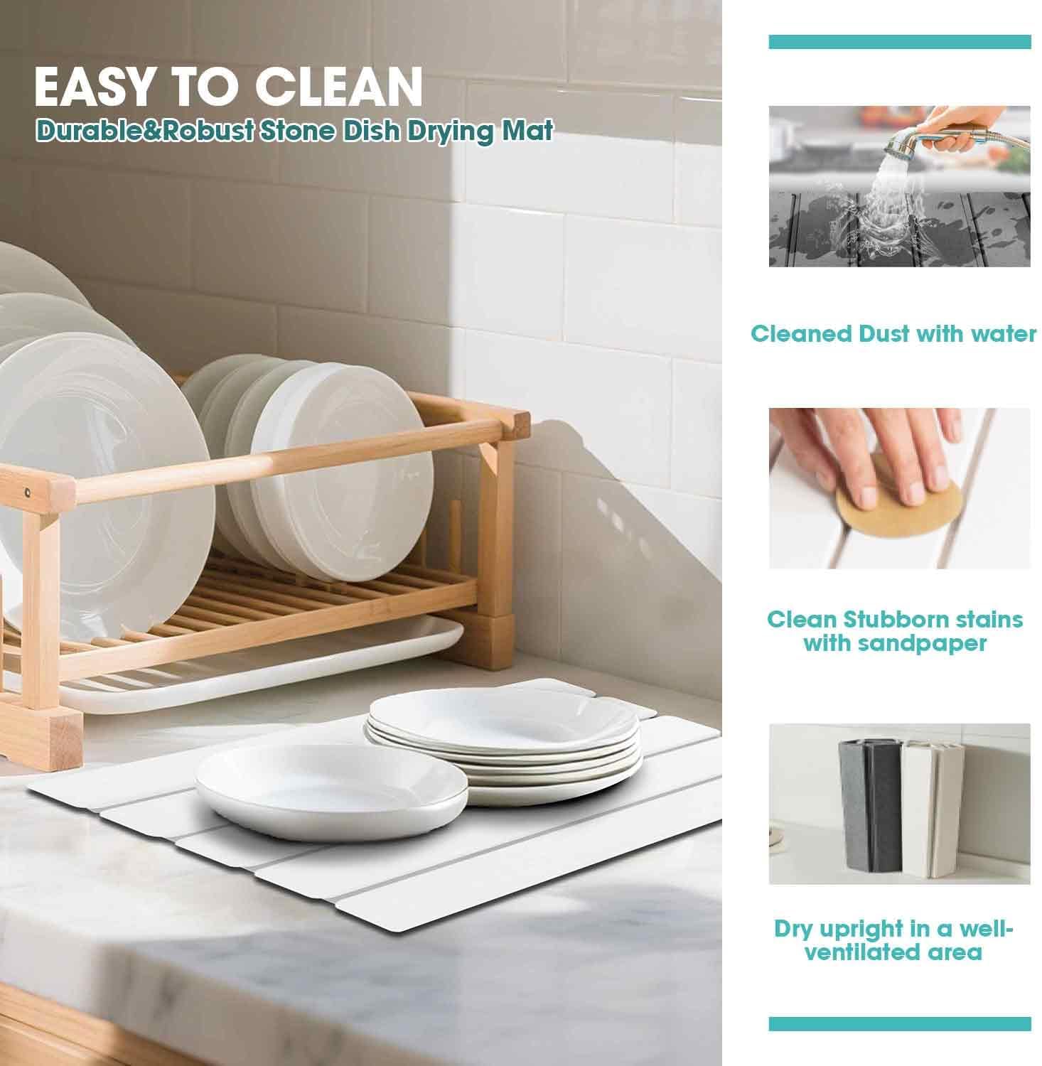 Dish Drying Mat Stone Bath Mat Diatomaceous Earth Stone Drying Mat For Kitchen Counter Sink Bath Mat Quick Dry Non Slip Foldable Dish Drying Rack Mat Small(16"×12" White)