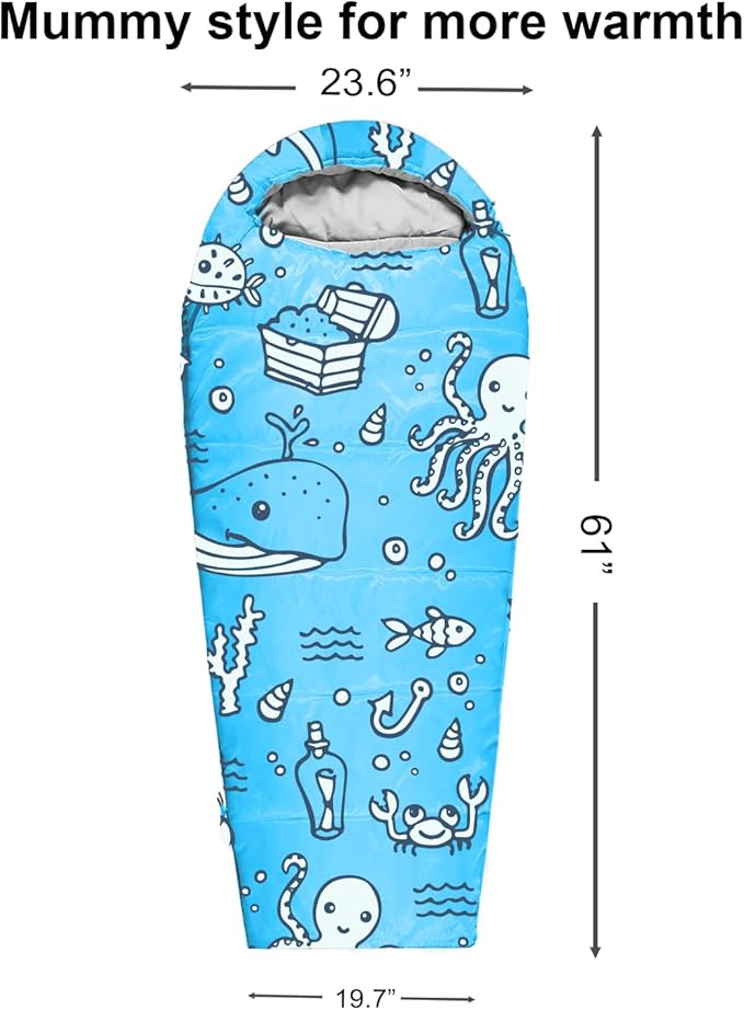 KidzAdventure Mummy Style 32 – 59F Kids Sleeping Bag with Pillow Sleeve, 4 Season, Lightweight and Backpacking Style, Ideal for Camping, Sleepover, Boys, Girls, Youth and Toddlers