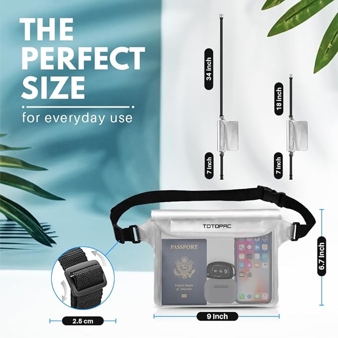 2-Pack Waterproof Fanny Pack, Phone Pouch with Waist Strap, 9x6.7 Inch Dry Bag for Phone, Cash, and Valuables – for Swimming, Kayaking, Boating, Snorkeling, and Water Sports (2, Black + White)