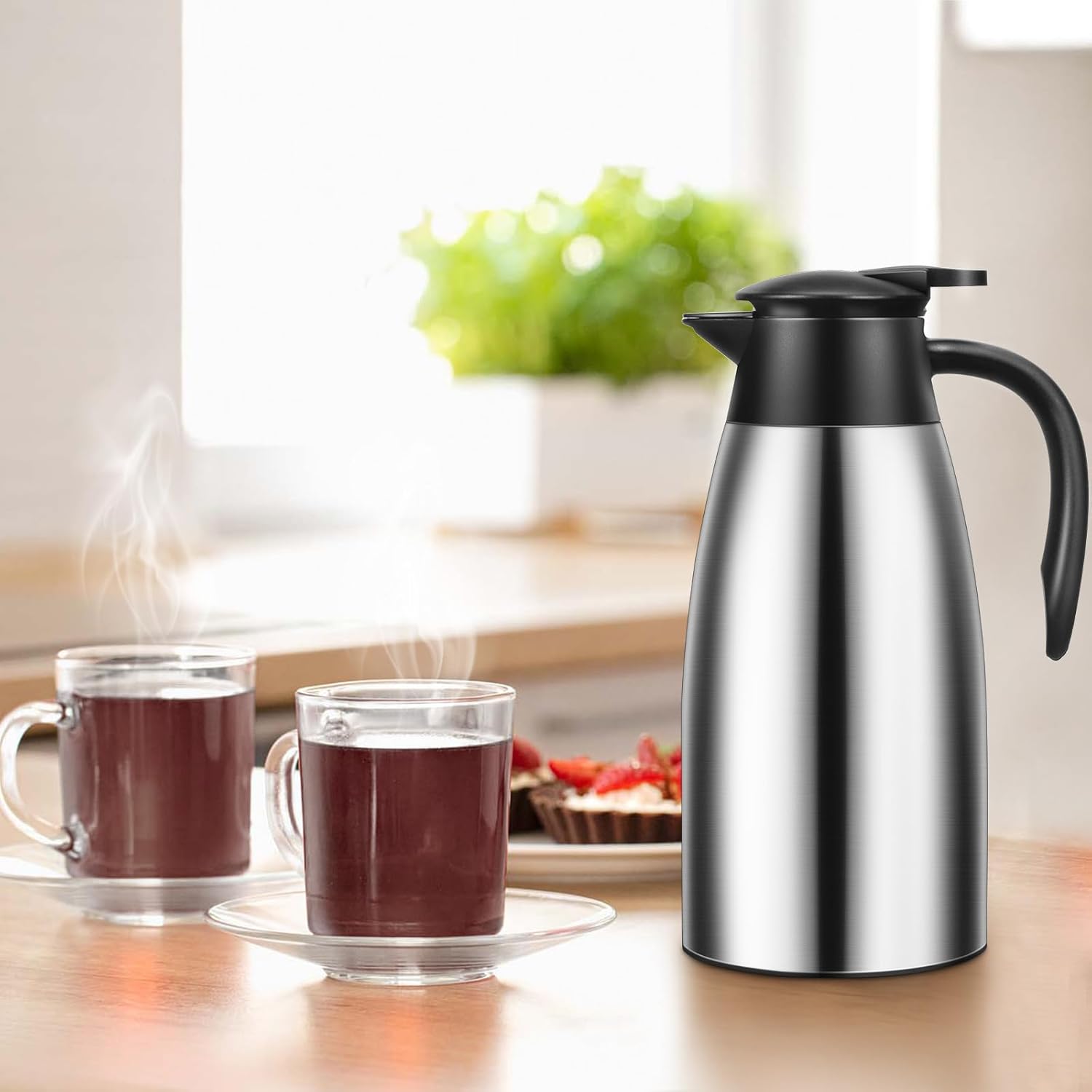 2 PCS 68 OZ Thermal Coffee Carafe, Insulated Stainless Steel Coffee Carafe Double Walled Vacuum Thermal Pot Flask with Brushes Thermos for Keeping Hot Coffee Tea Home and Office (Silver)
