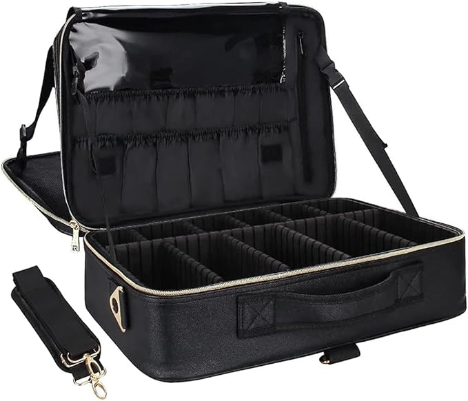 Relavel Professional Train Case - 16.5 Inch Travel Cosmetic Organizer, Waterproof Makeup Artist Storage Box, Large Capacity (Leather Black)
