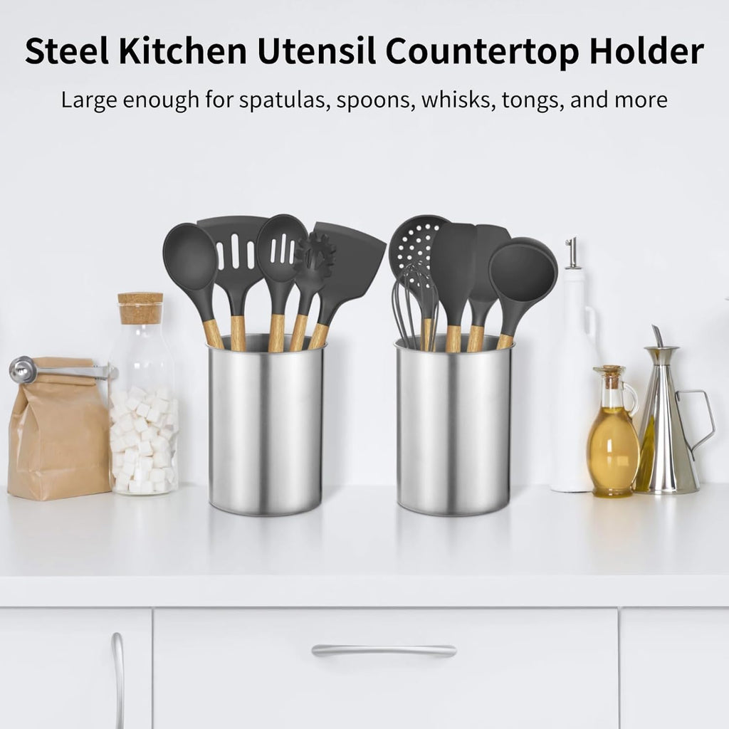 3 PCS Stainless Steel Kitchen Utensil Holders, 5.5 x 7.3 in Cylinder Kitchen Countertop Organizer, Dishwasher Safe Cooking Utensil Holder, Large Capacity for Cafe Restaurant Bakery