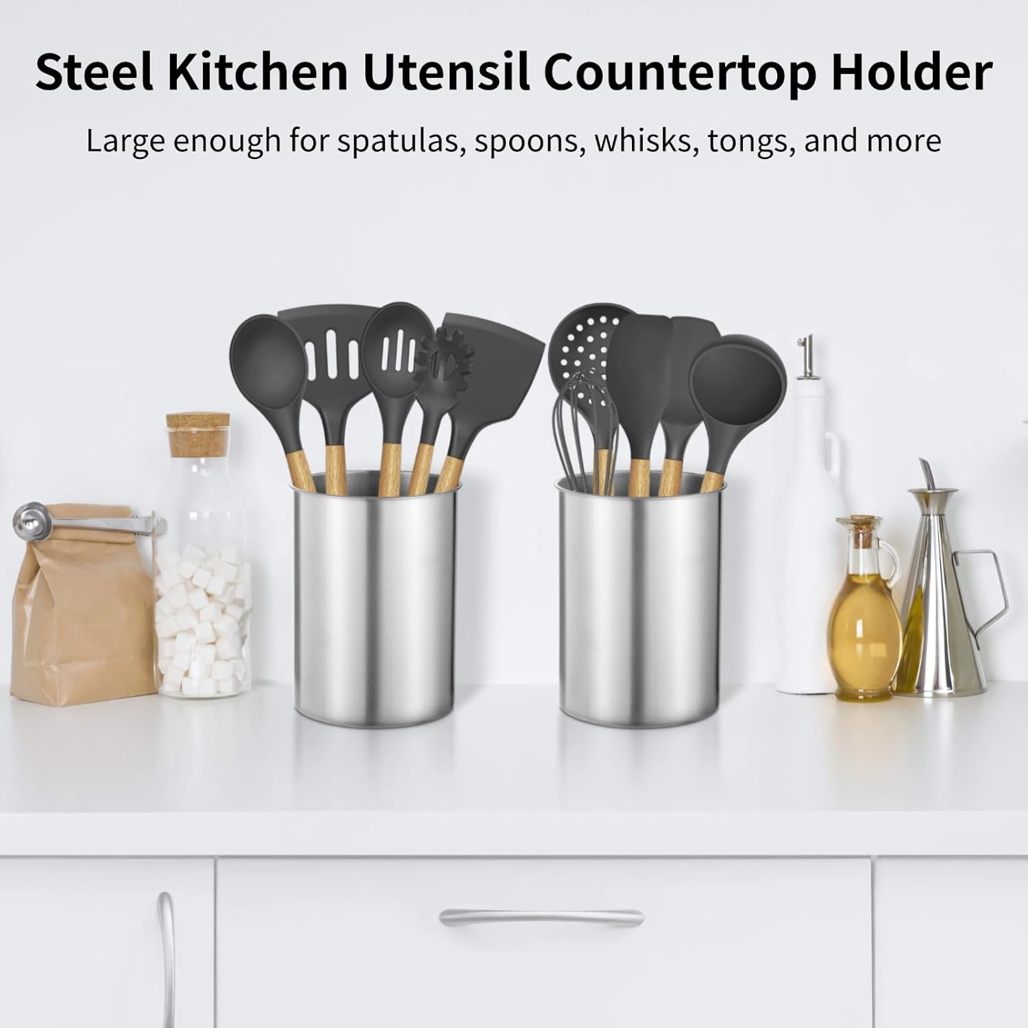 3 PCS Stainless Steel Kitchen Utensil Holders, 5.5 x 7.3 in Cylinder Kitchen Countertop Organizer, Dishwasher Safe Cooking Utensil Holder, Large Capacity for Cafe Restaurant Bakery