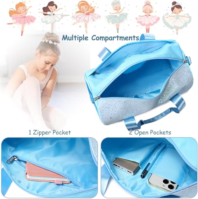 Dance Bag for Girls Rainbow Ballet Bag Shiny Glitter Ballerina Duffle Bag for Girls Crossbody Gym Duffle Bag with Waterproof Wet Pocket