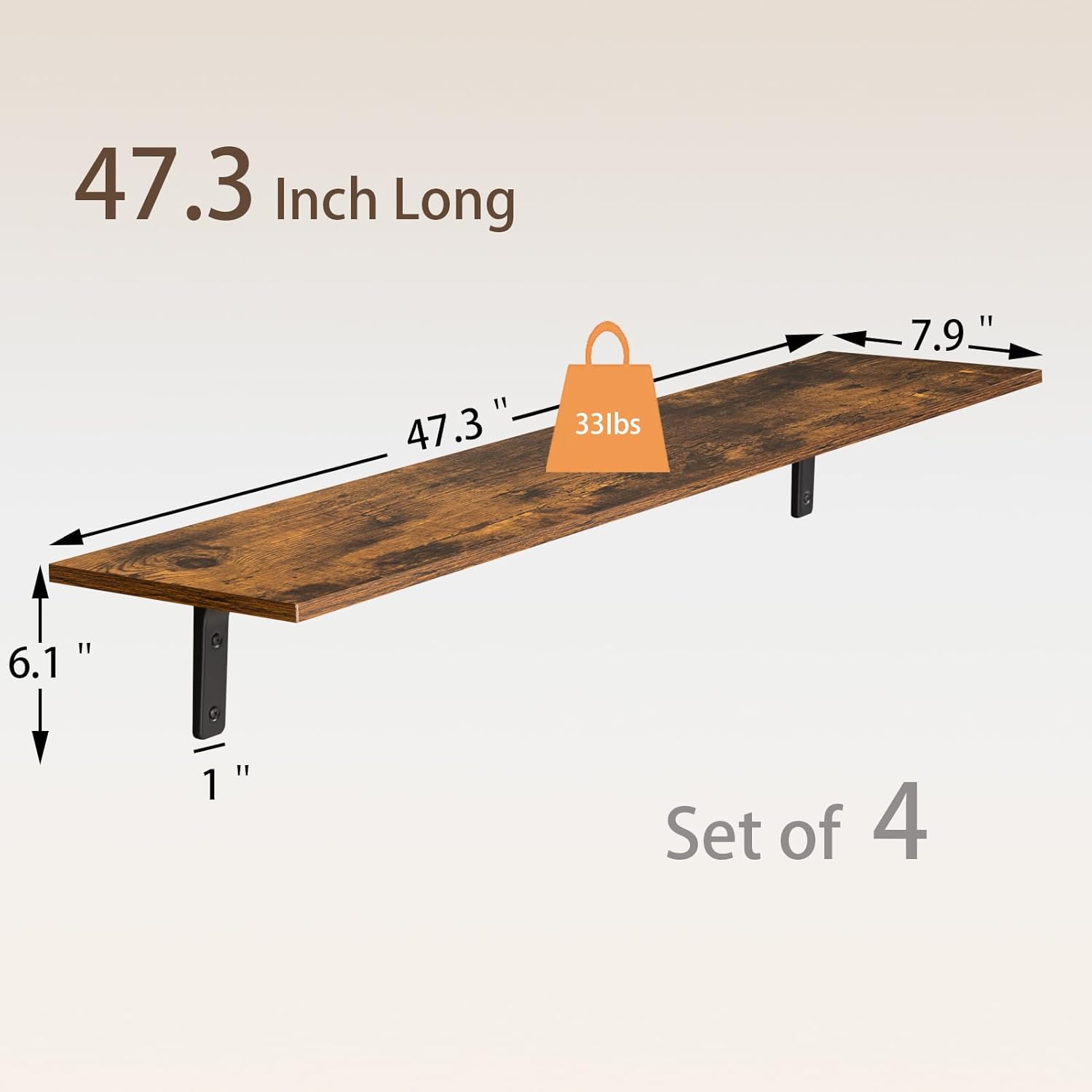 DINZI LVJ Long Wall Shelves, 47.3Inch Wall Mounted Shelves Set of 4, Extra Large Wall Storage Ledges with Sturdy Metal Brackets for Living Room, Bathroom, Bedroom, Kitchen, Rustic Brown