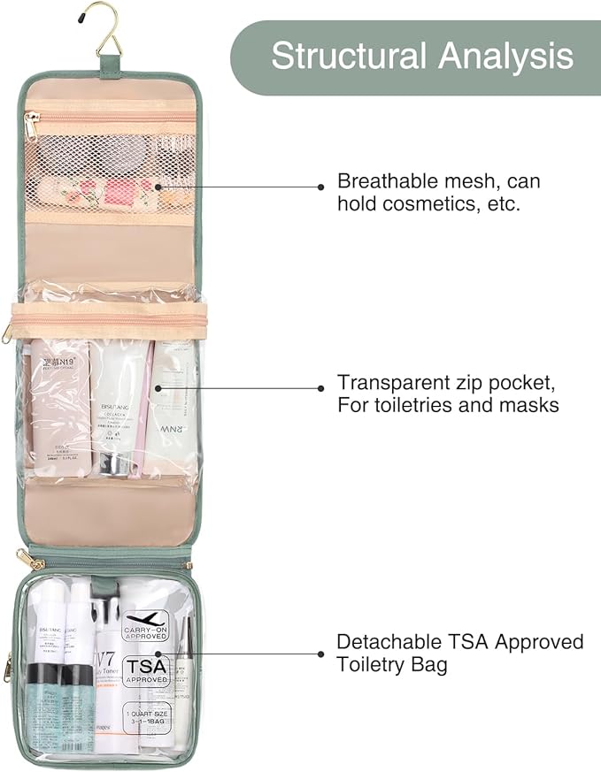 Relavel Travel Toiletry Bag for women with Detachable TSA Approved Toiletry Bag, Compact Hanging toiletry bag with Small Carry On 3-1-1 Clear Waterproof Travel Bags for Toiletries (Green, A Small)