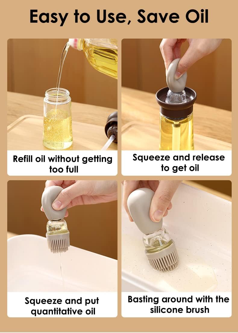 Oil Dispenser with Brush - 2 Pack 180ml Glass Olive Oil Dispenser Bottle with Basting Brush for Cooking Frying Baking Kitchen, T-OB21 Grey