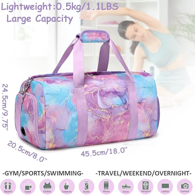 Dance Bag for Girls Gym Bag Sports Duffle Bag with Shoes Compartment Wet Pocket Weekender Overnight Bag for Girls Women Teens Travel Duffle Bag Water Resistant