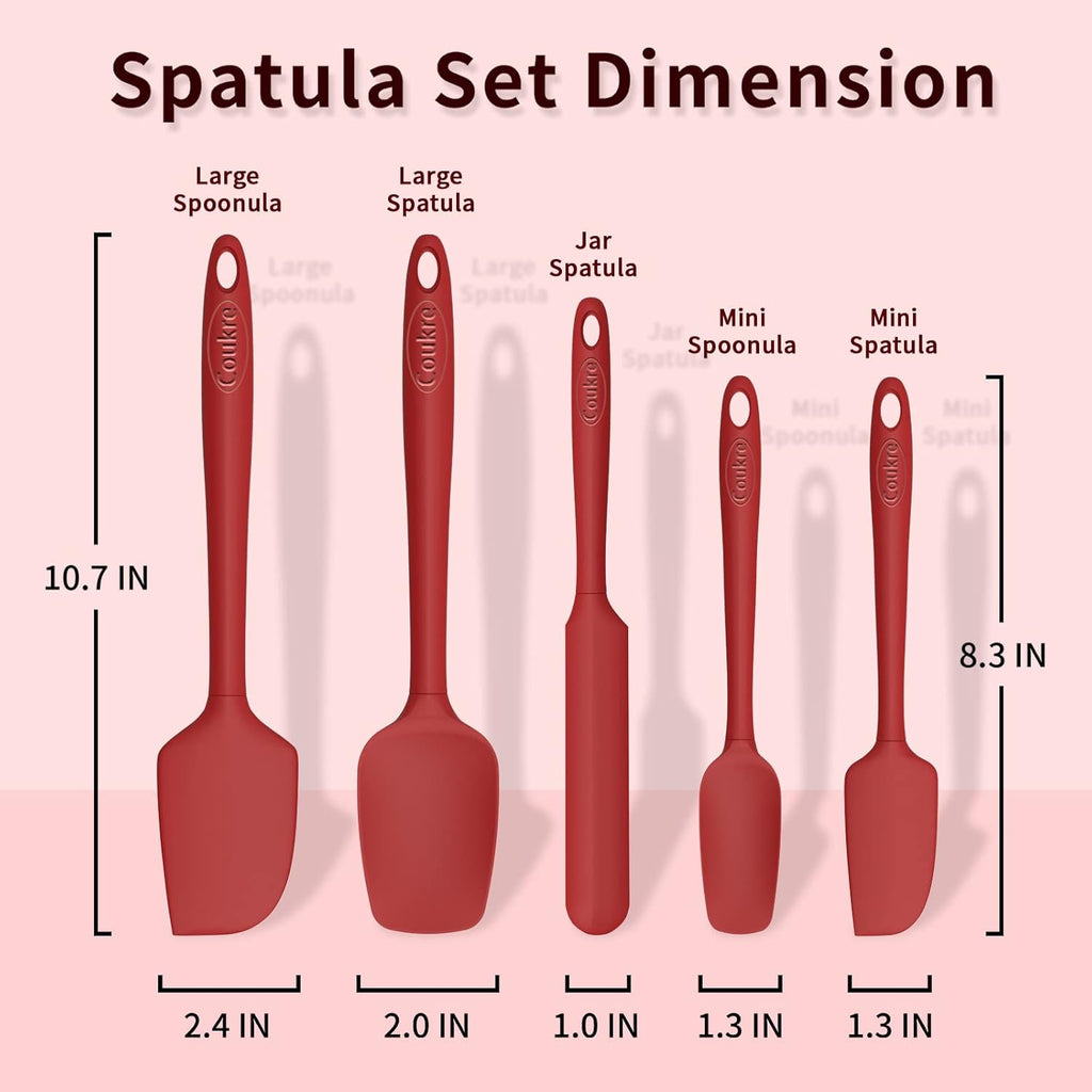 Coukre Silicone Spatula Set of 5,High Temperature Resistant, Food Grade Silicone, Dishwasher Safe, for Baking, Cooking (Pure Red)