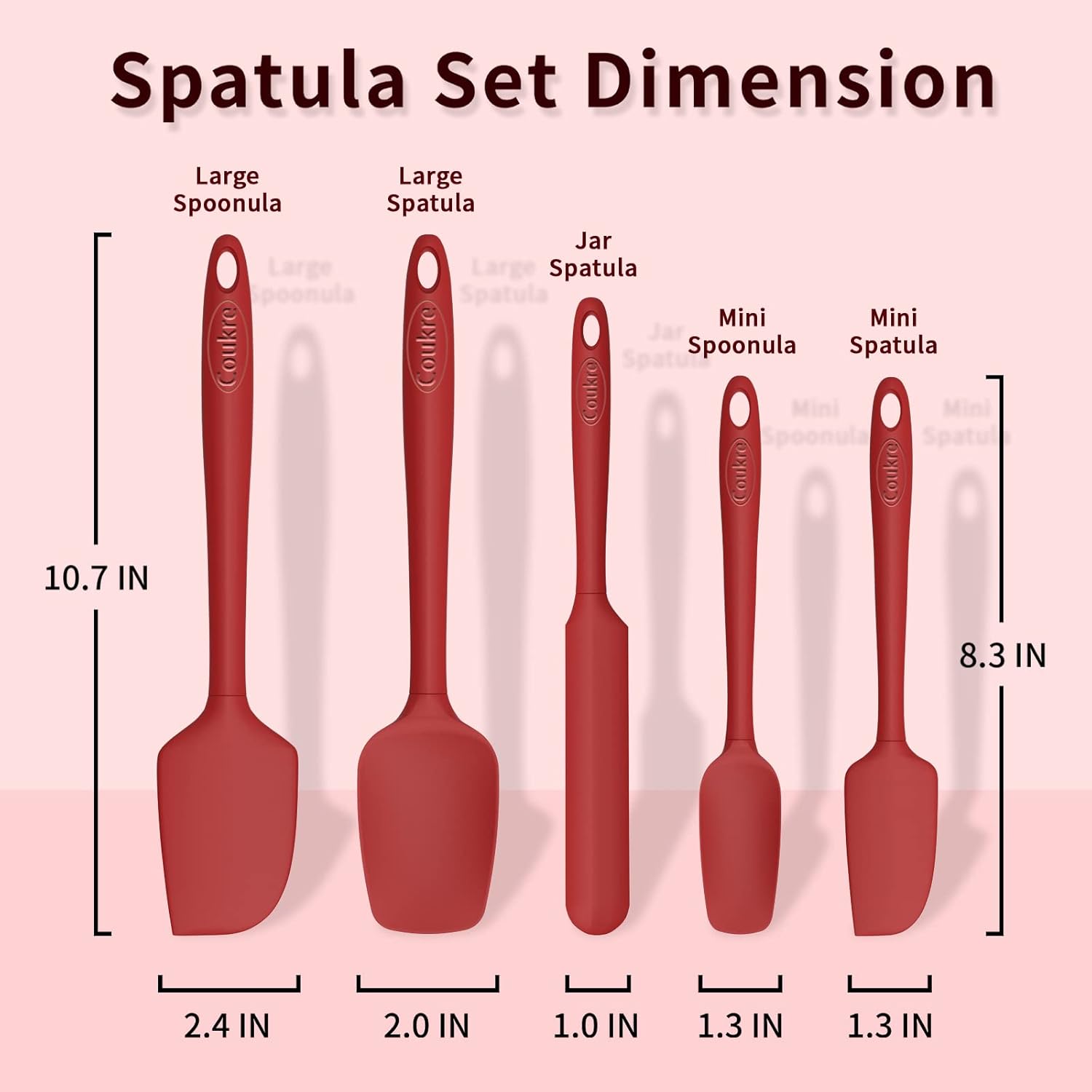 Coukre Silicone Spatula Set of 5,High Temperature Resistant, Food Grade Silicone, Dishwasher Safe, for Baking, Cooking (Pure Red)