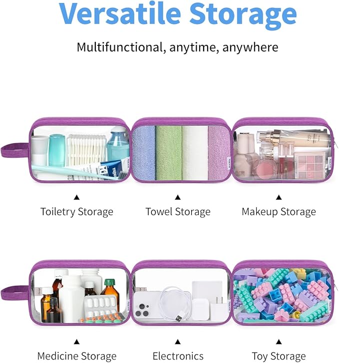 Narwey Clear Travel Toiletry Bags for Traveling Toiletries Men Women, Clear Makeup Bag Cosmetic Bag with Zipper, Make Up Pouch Organizer Bags with Handle, Skincare Bag (Purple)