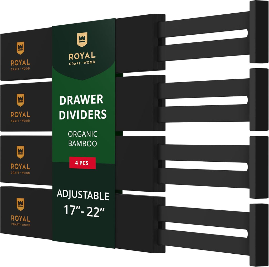 ROYAL CRAFT WOOD Adjustable Bamboo Drawer Dividers – Expandable Organizer for Kitchen, Bedroom, Bathroom, Dresser & Office – 4-Pack 17-22", Black