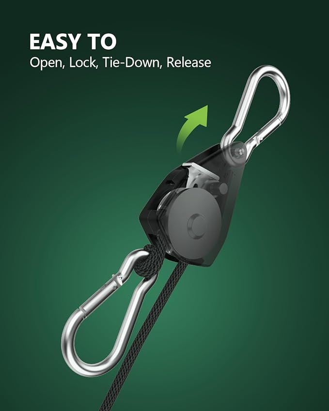 12-Pack 1/8” Adjustable Rope Hanger, Heavy Duty Ratchet Tie Down Strap with Reinforced Metal Gear, Ratcheting Pulley System Bungee Cord for Hanging Plants Grow Light and Various Tie-Down Uses