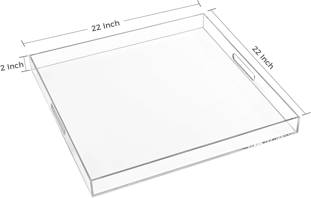 22×22 Inches Oversize Extra Large Sturdy Clear Acrylic Serving Tray King Size Decorative Big Ottoman Trays with Cut Out Handles Water Proof Bed Tray Coffee Counter Top Organizer