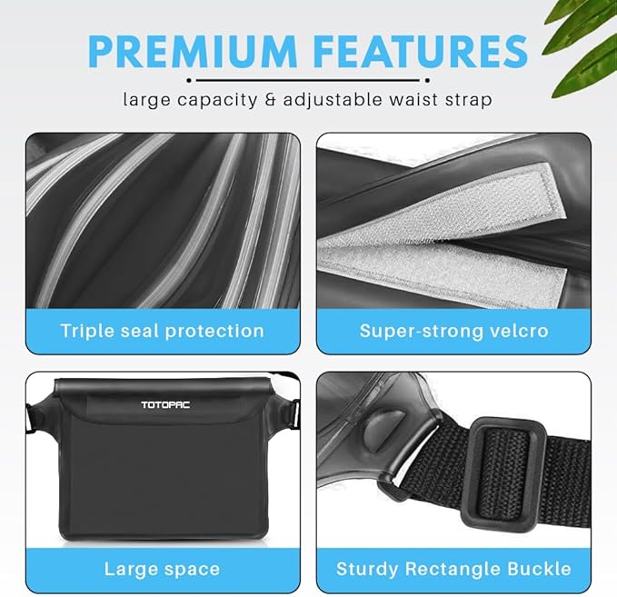 2-Pack Waterproof Fanny Pack, Phone Pouch with Waist Strap, 9x6.7 Inch Dry Bag for Phone, Cash, and Valuables – for Swimming, Kayaking, Boating, Snorkeling, and Water Sports (2, Black + Grey)