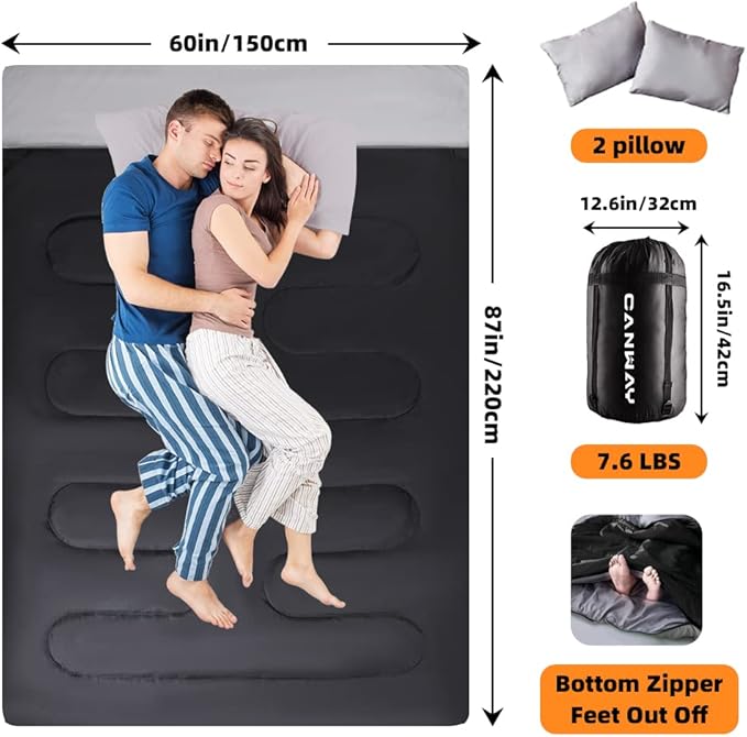 CANWAY Double Sleeping Bag Flannel for Adults Cold Weather Queen Size Two Person Sleeping Bags for Camping with 2 Pillows